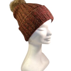 Bonnet en cachemire et duvet de yak rouge et brun avec pompon
