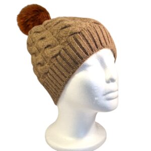 Bonnet torsadé à revers en côte en laine de chameau avec pompon