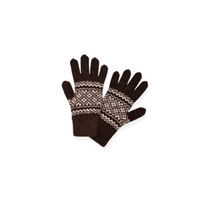 Gants en duvet de yak, motif jacquard, brun foncés